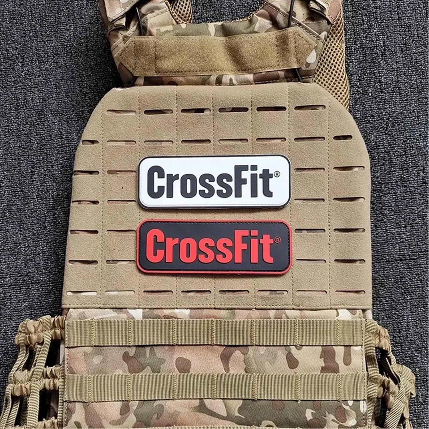 CrossFit patches on tactical weight vest plate carrier