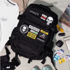 Hyrox backpack with example patches on MOLLE patch strip, patches not included