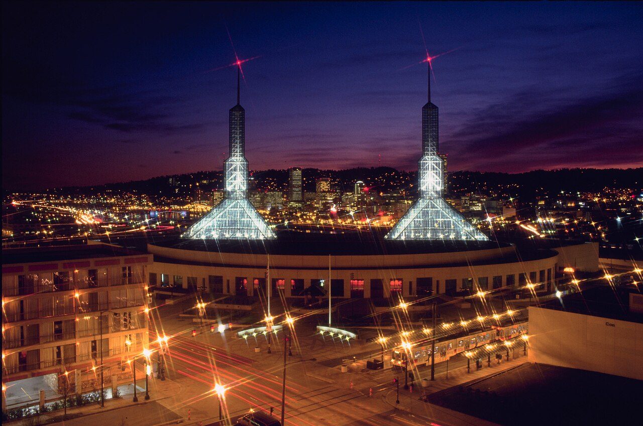 Oregon Convention Center at night, venue for HYROX Portland 2027