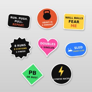 Functional fitness sticker pack with 8 original waterproof vinyl stickers for water bottles and gym gear