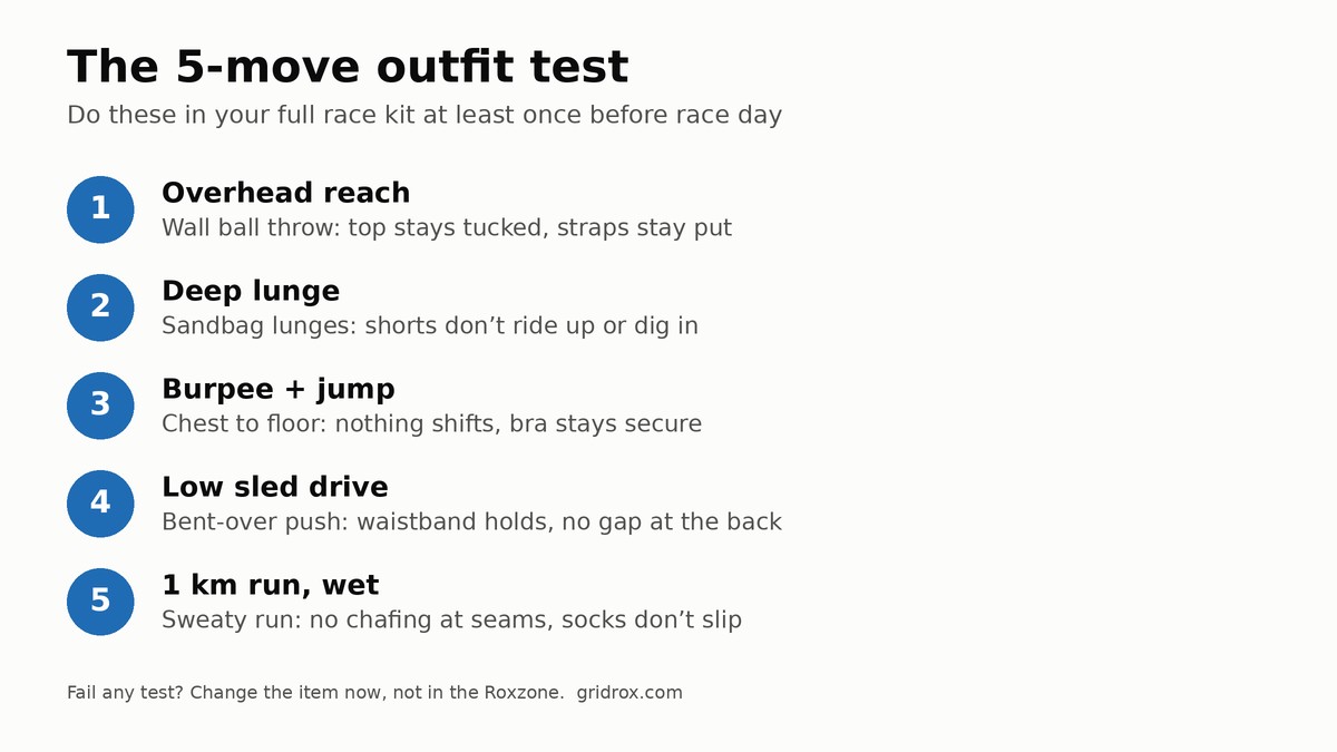 Five-move HYROX outfit test: overhead reach, deep lunge, burpee, sled drive and sweaty run