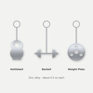 Metal fitness keychains in kettlebell, barbell and weight plate styles