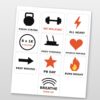 Race day temporary tattoos with original functional fitness designs: kettlebell, sled, heart and lightning bolt